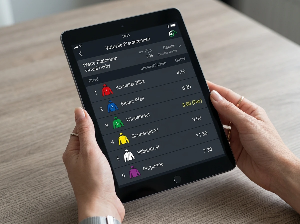 Form-Guide-Ansicht eines virtuellen Pferderennens mit Namen, Trikotfarben und Quoten auf einem Tabletbildschirm