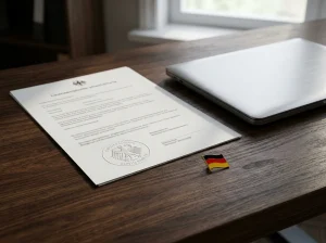 GGL-Lizenzdokument und deutscher Rechtsrahmen für virtuelle Pferdewetten auf einem Schreibtisch