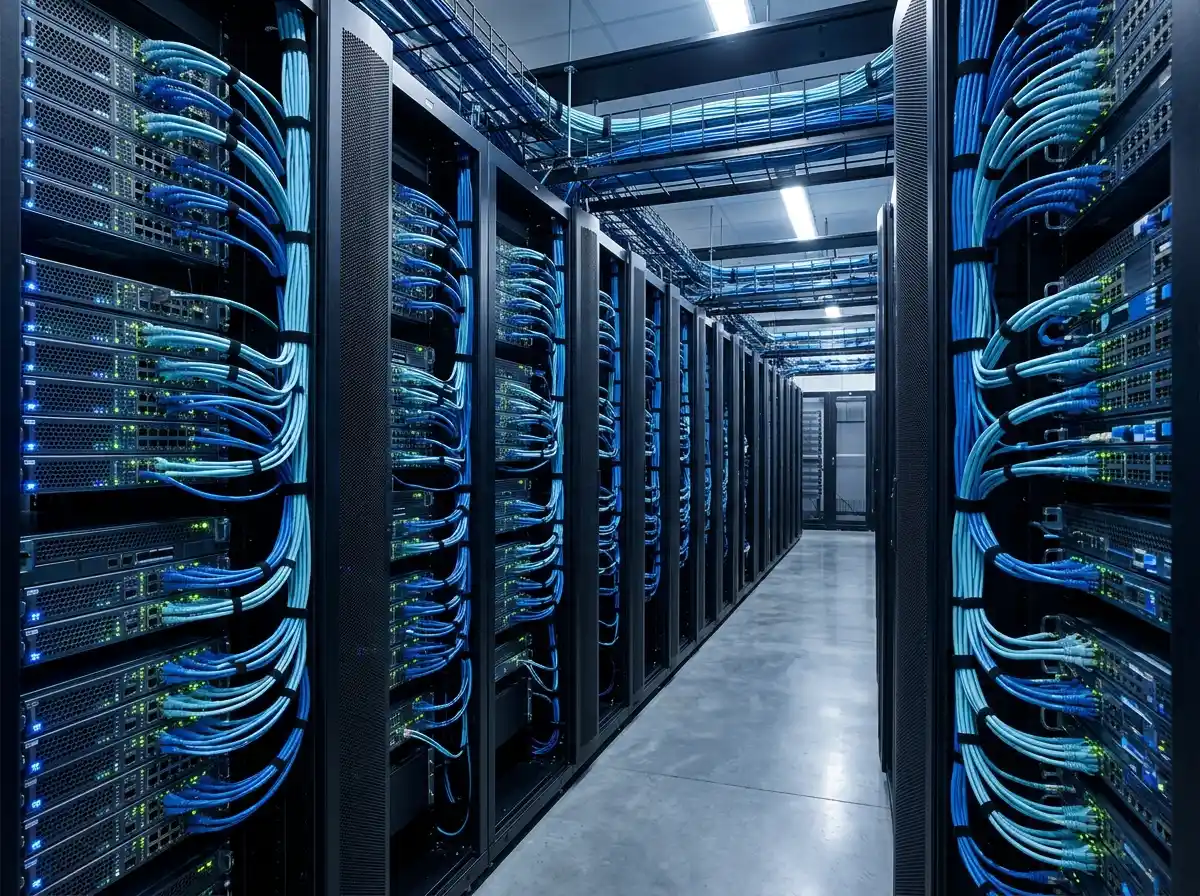 Netzwerkschrank eines Rechenzentrums mit blockierten Datenströmen als Symbol für staatliches IP-Blocking