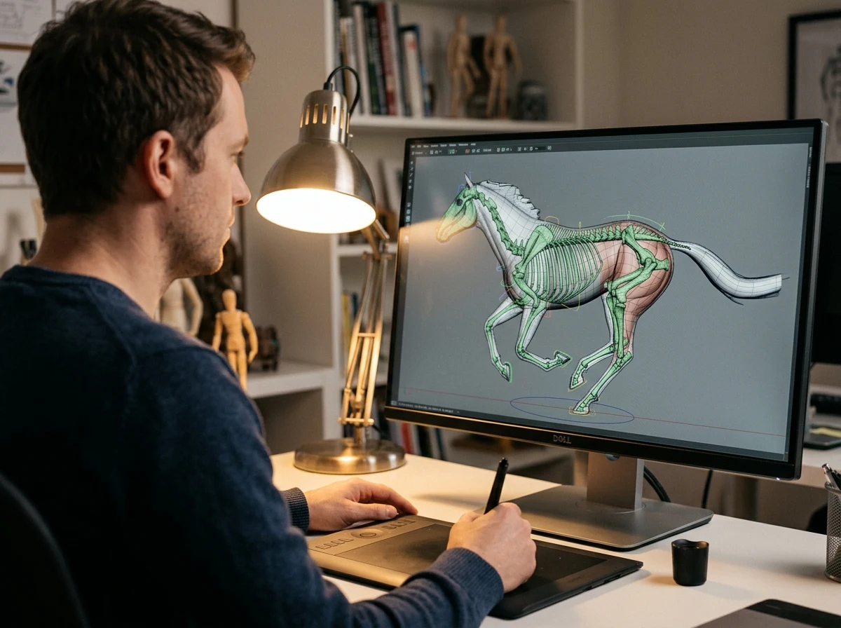 Designstudio entwickelt am Monitor die animierte Bewegung eines virtuellen Pferdes