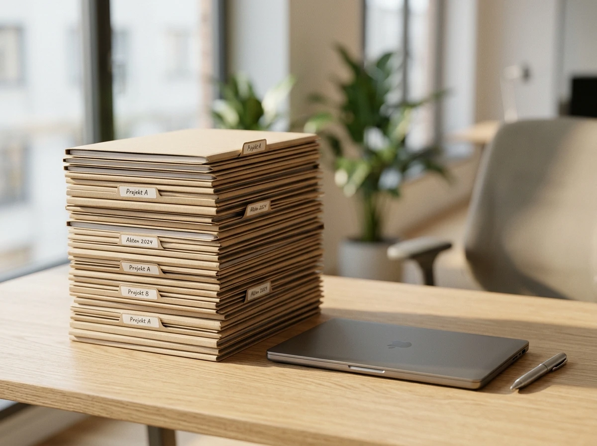Stapel formeller Antragsdokumente und Aktenordner auf einem Schreibtisch eines Compliance-Büros