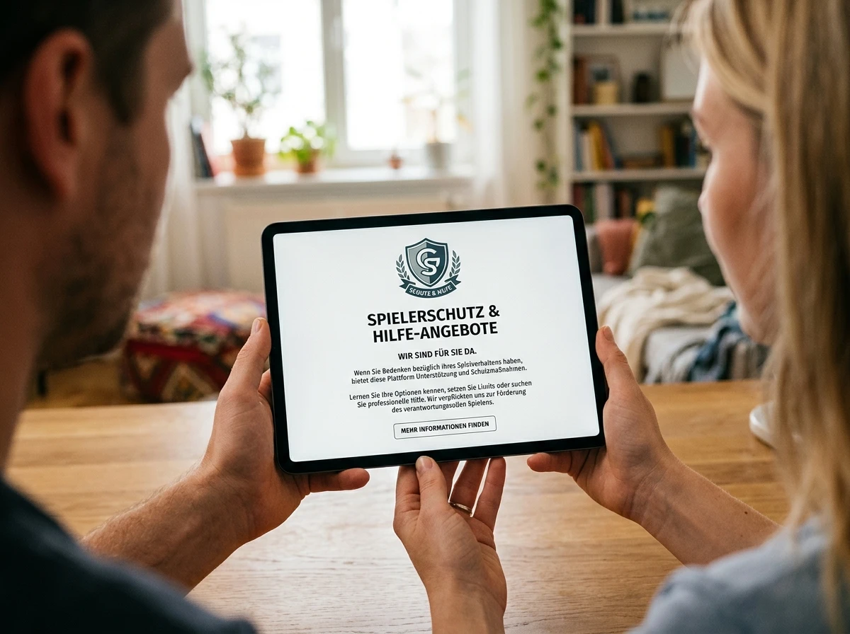 Hände halten ein Tablet mit Spielerschutz-Hinweis — LUGAS- und OASIS-Mechanismen