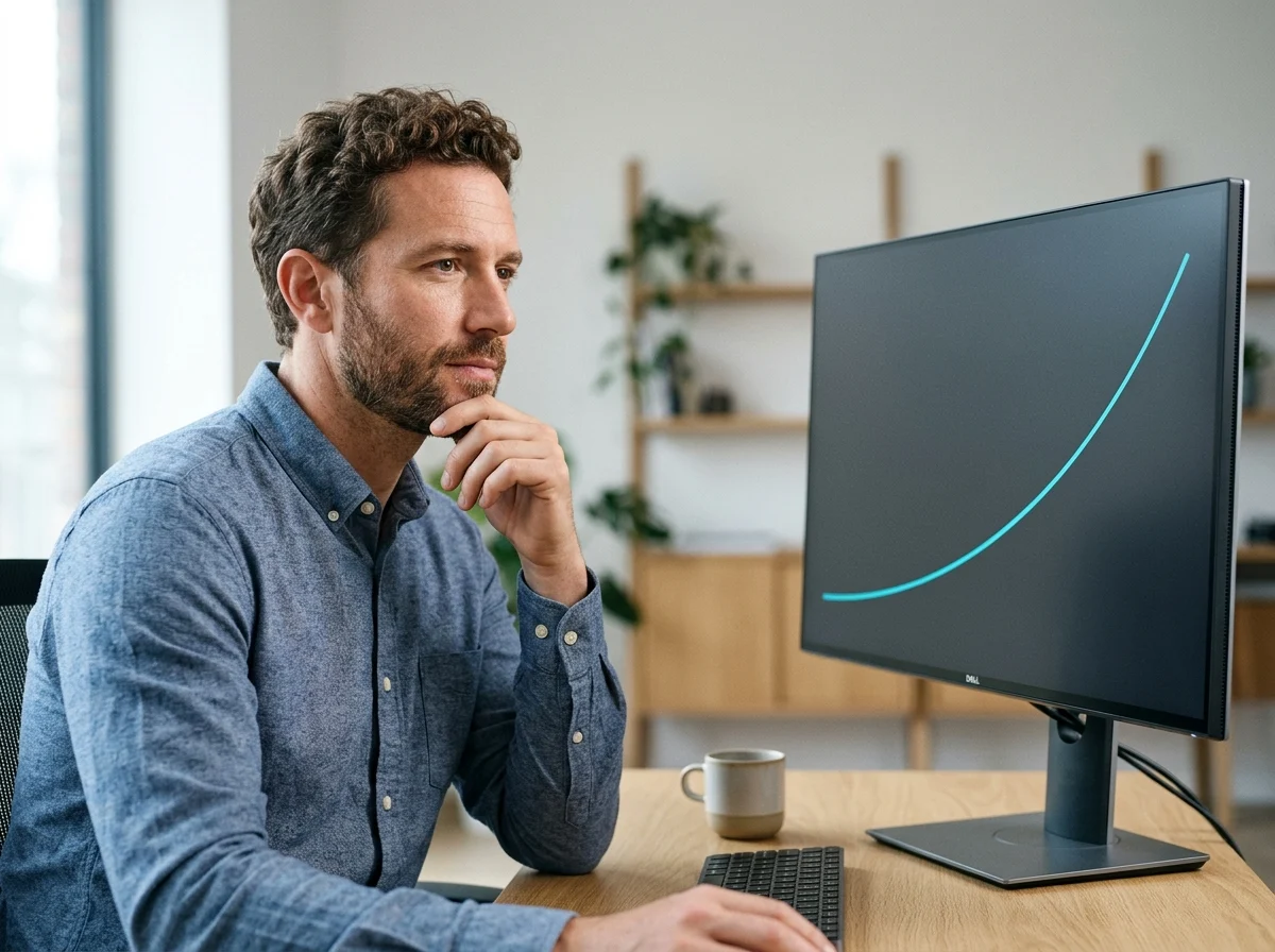 Wettanalyst betrachtet einen einfachen Linienverlauf auf einem Monitor zur Bewertung der Quotenmarge
