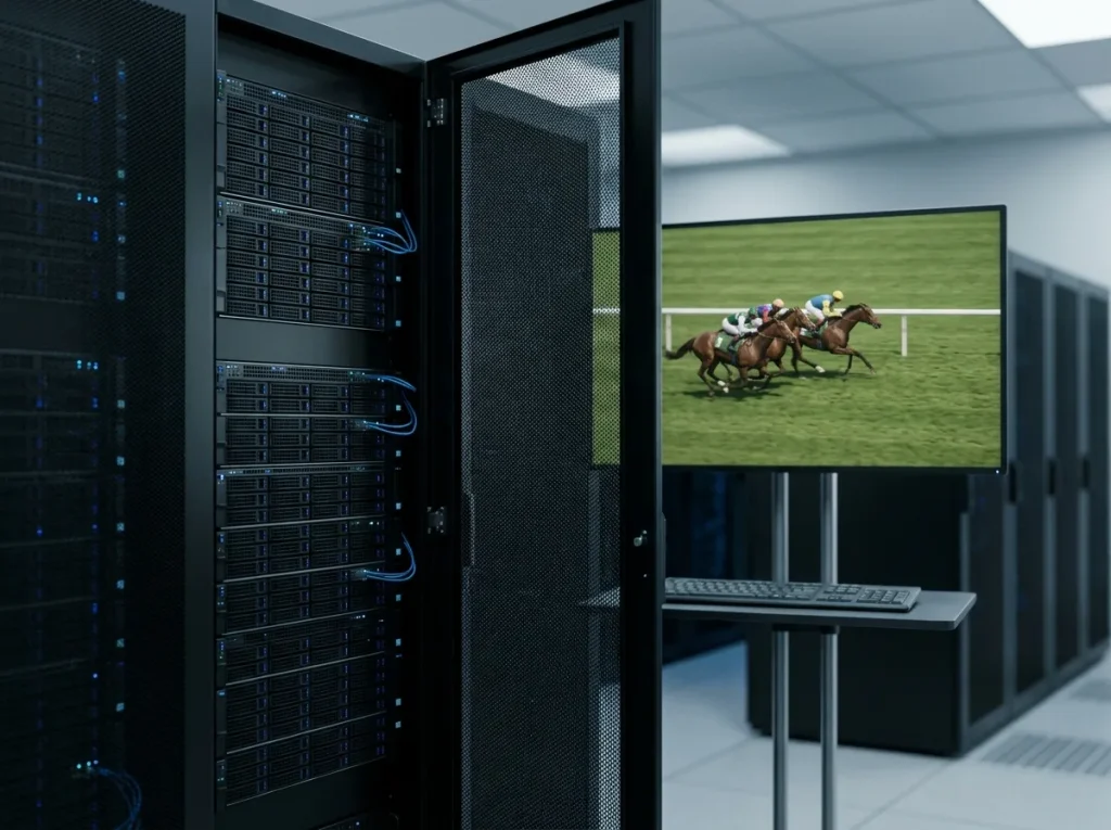 RNG-Mechanik virtueller Pferderennen mit Serverraum und animierter Galopprennbahn