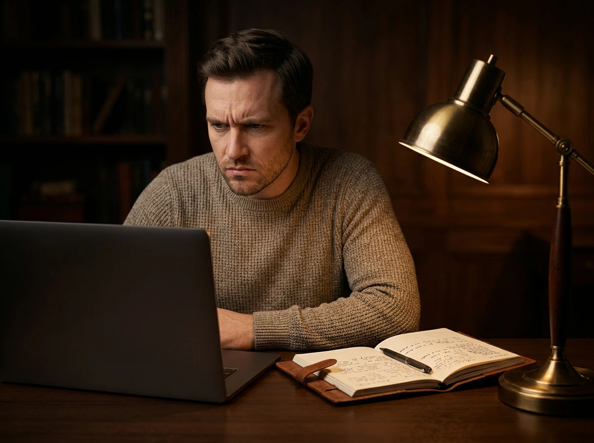 Spieler analysiert konzentriert eine Wettstatistik virtueller Pferderennen am Laptopbildschirm