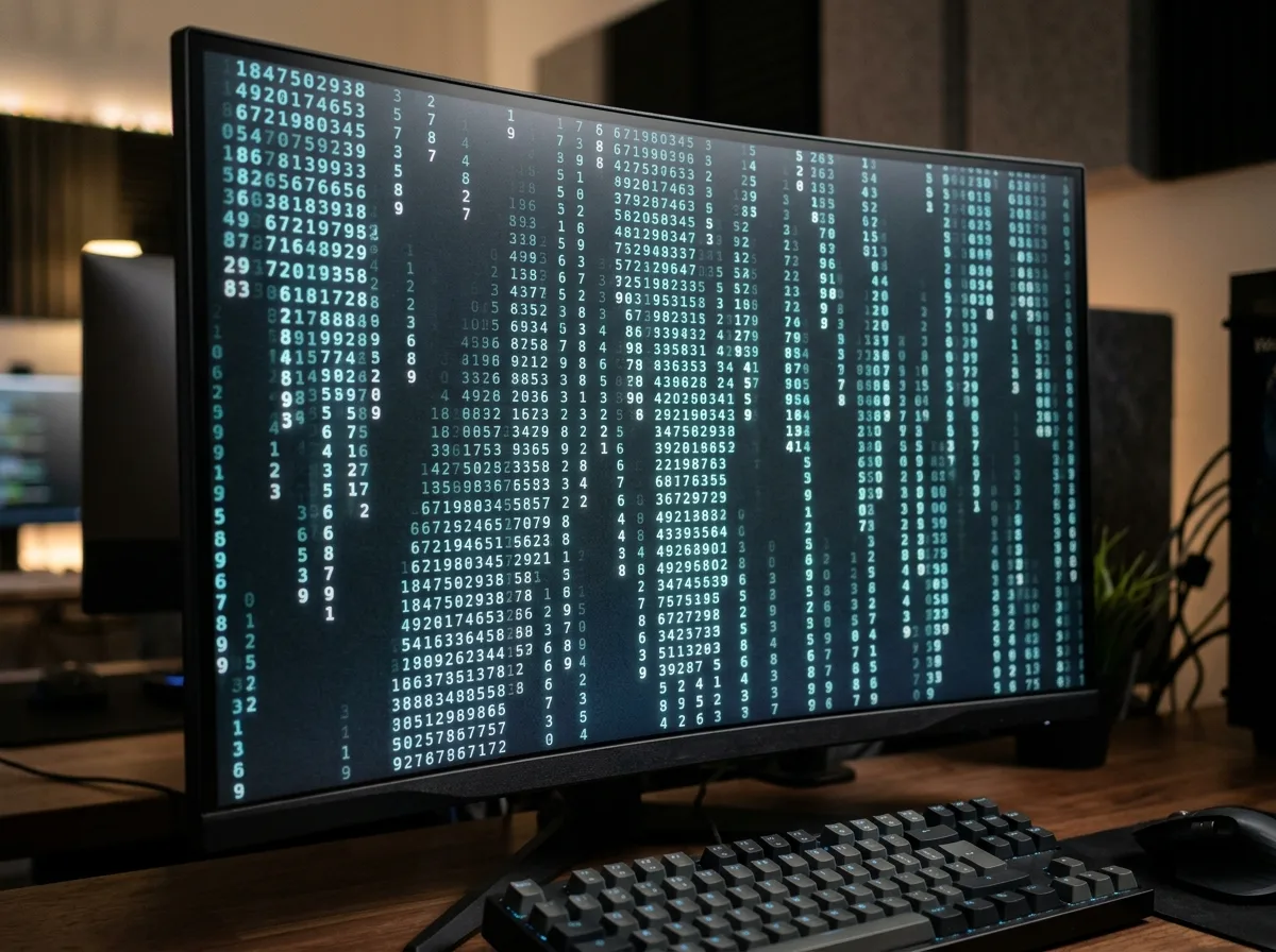 Symbolische Visualisierung eines Zufallsgenerators mit fließendem Zahlenstrom auf einem Servermonitor