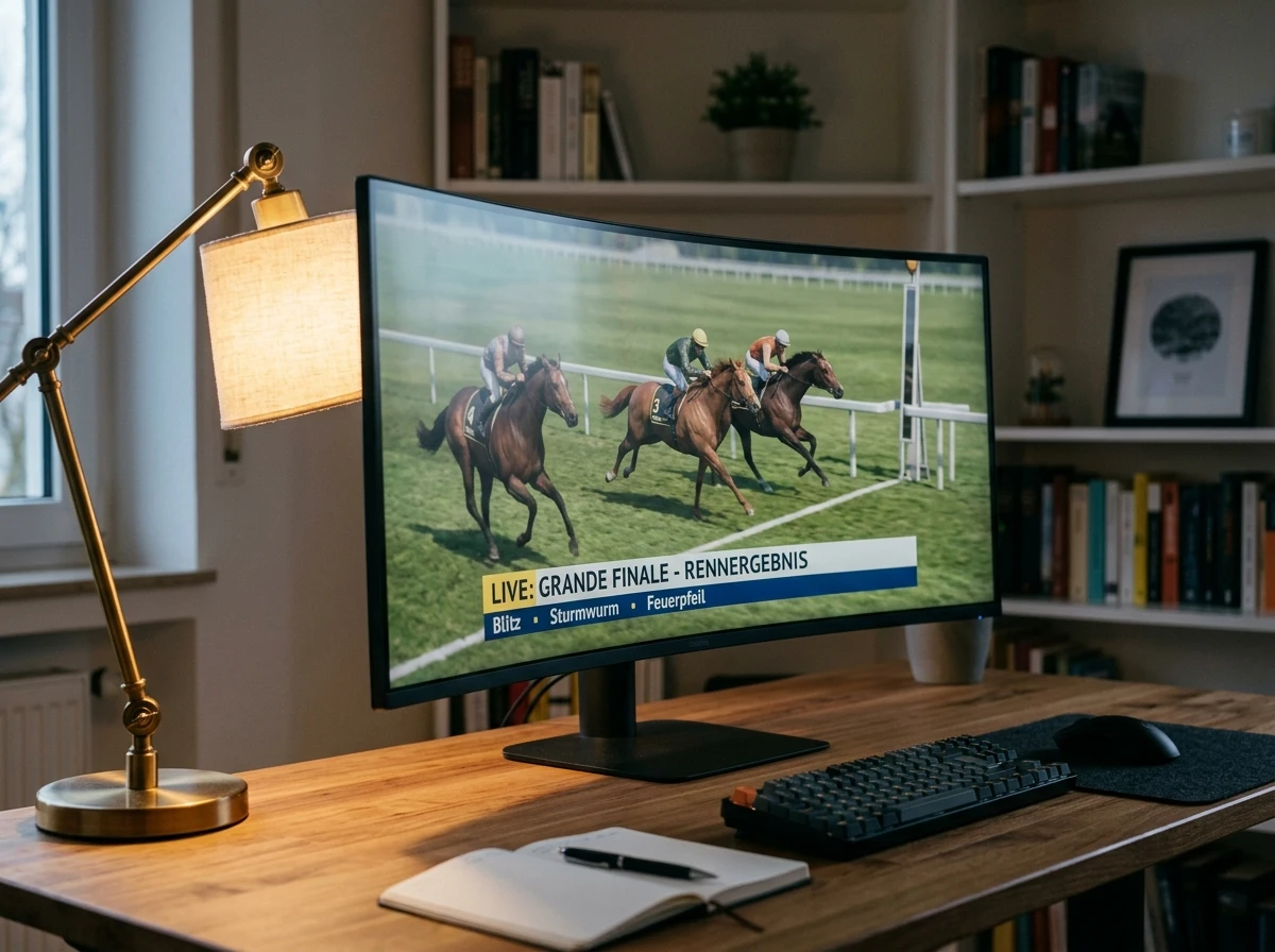 Zieleinlauf einer virtuellen Galopprennen-Animation auf einem Monitor