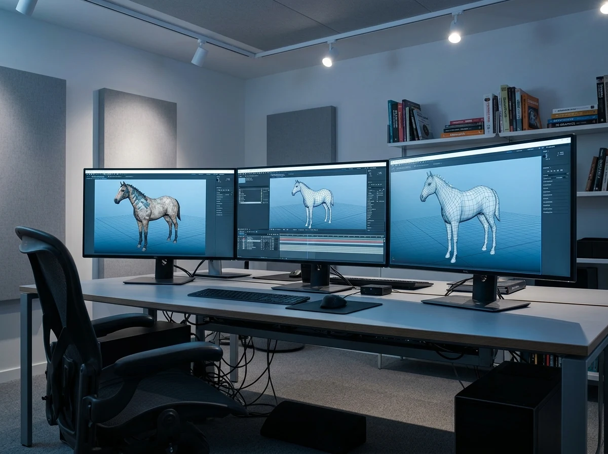Entwicklerstudio mit mehreren Monitoren — Produktion virtueller Sportsimulationen