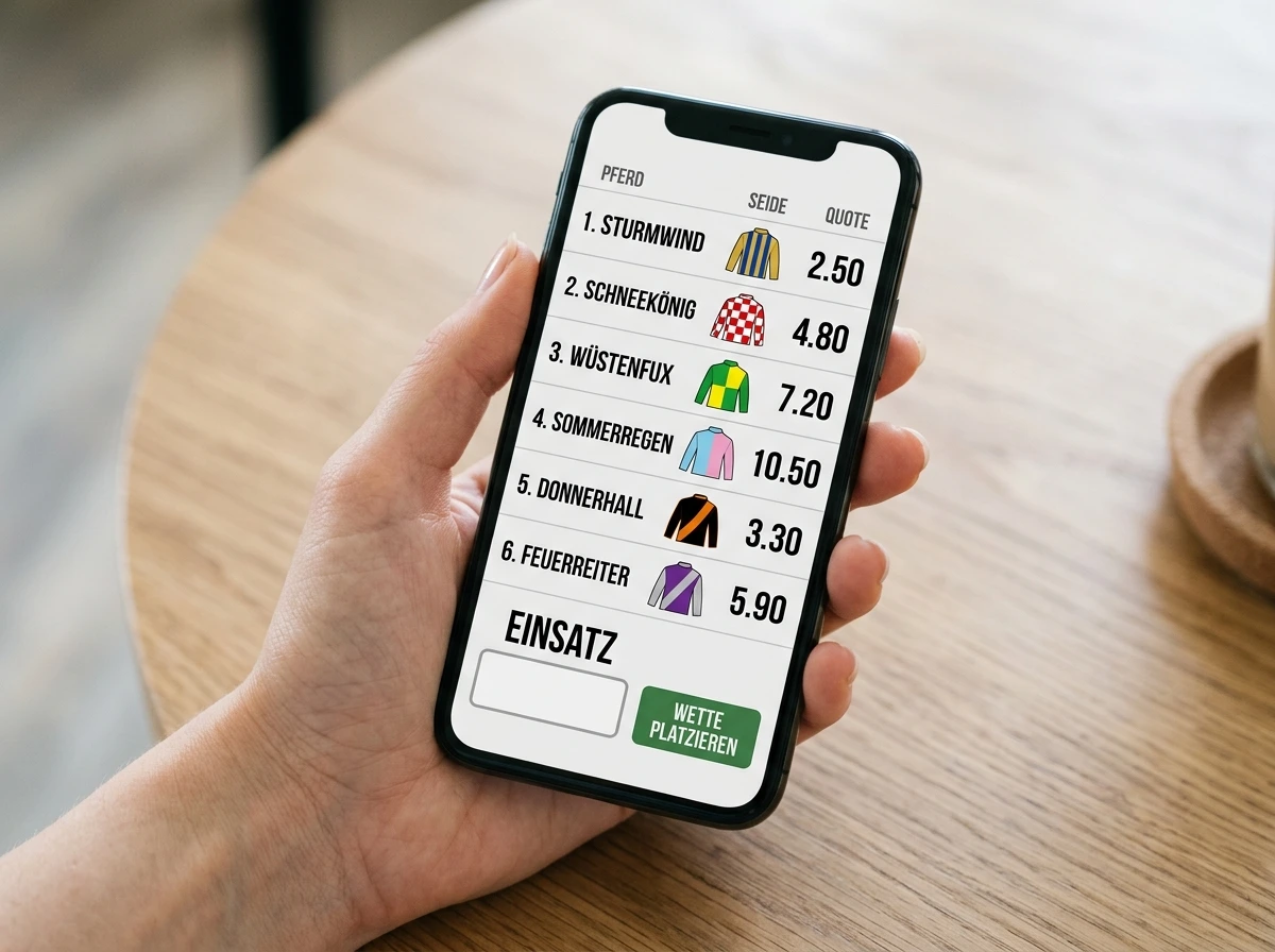 Smartphone zeigt eine deutsche Wett-App mit Auswahl der Pferde für ein virtuelles Galopprennen